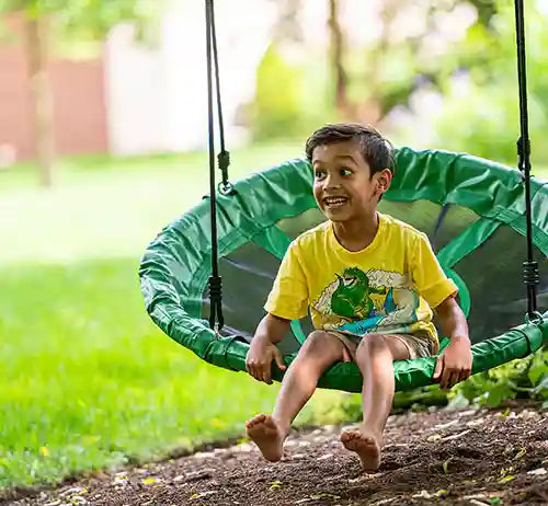 young boy playing on a tree swing