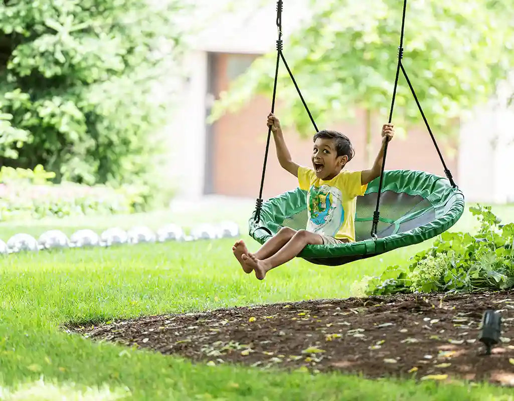 young boy enjoying the tree swing